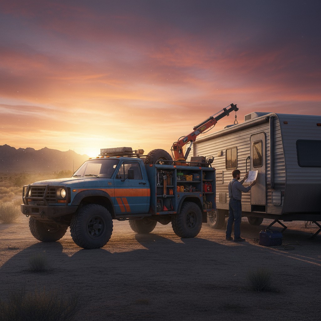 A man stands outside a camper van, examining papers in a desert landscape, with a blue truck featuring orange detailing an...