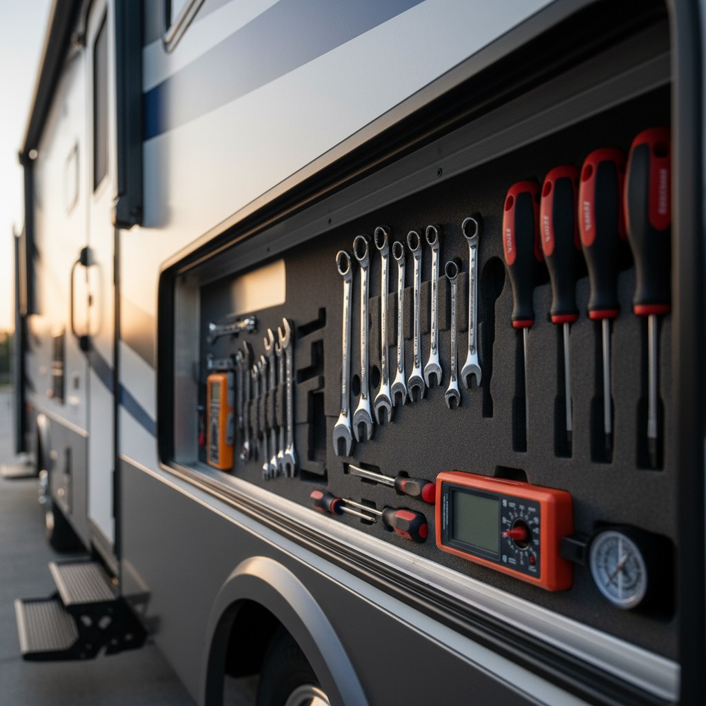 A tool set displayed within a toolbox against the side of a vehicle. The tool set resembles a metrological kit and feature...