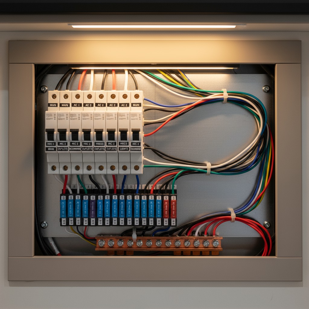 An electrical panel with a collection of wires.