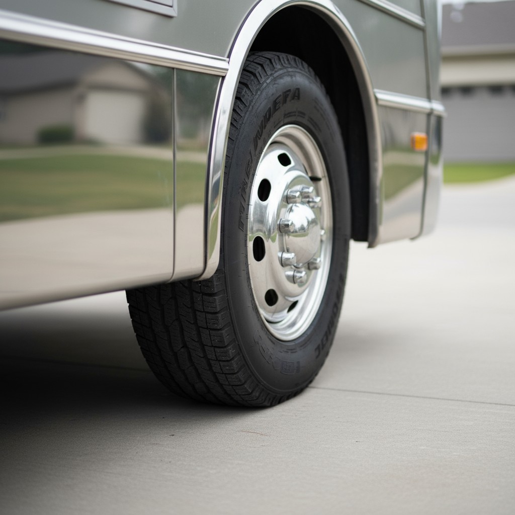 A black and chrome RV tire and fender on the side of a RV on the driveway, with houses in the background at angular, off-c...