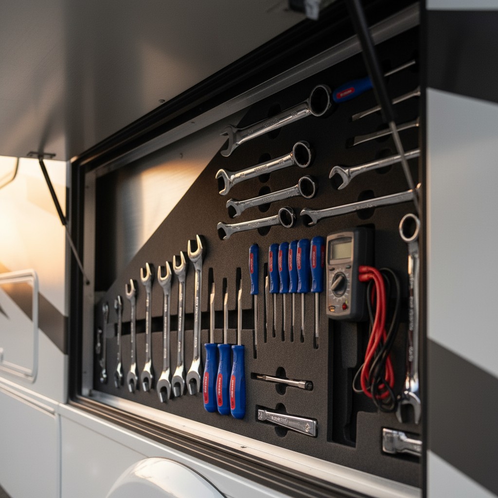 This image depicts a well-organized turnout tool box, carefully arranged to showcase its contents. The open side of the bo...