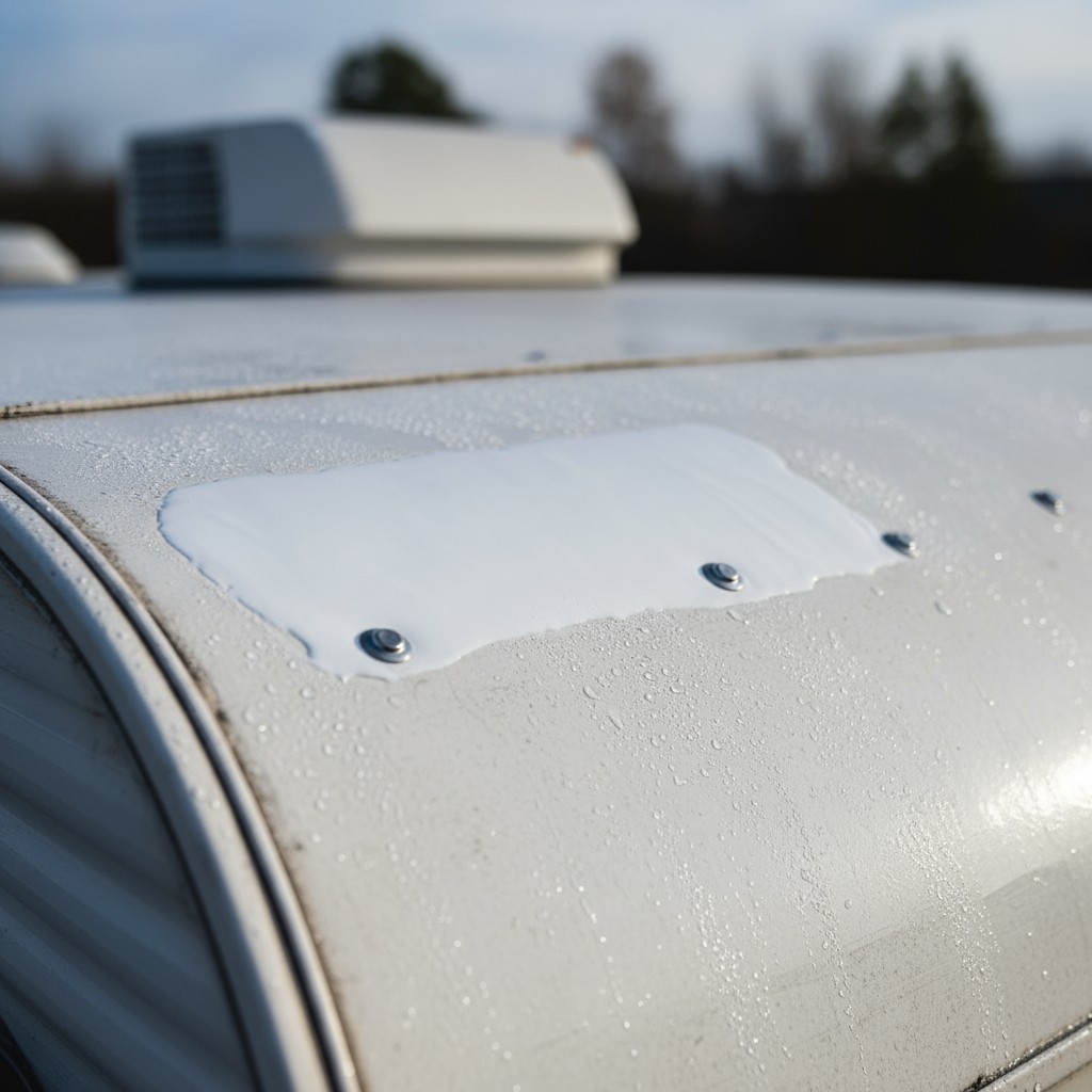 A close-up image of the wet roof of an RV.