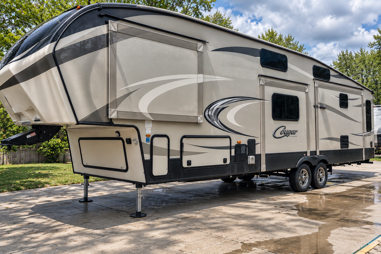 Cougar fifth wheel RV showing the furnace side of the camper