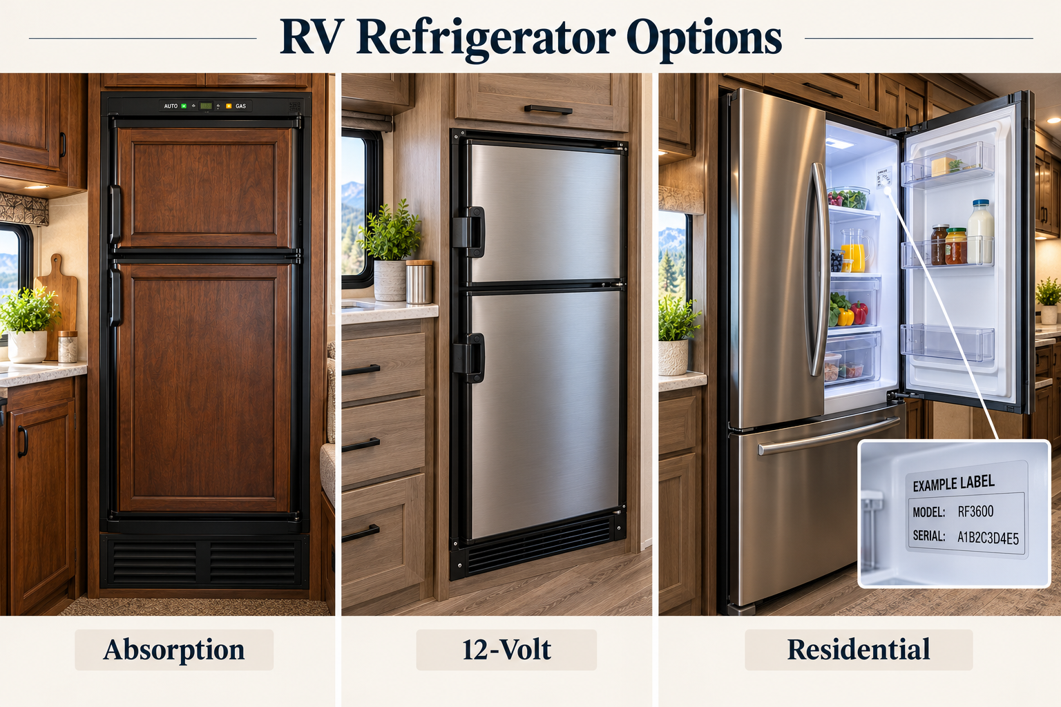RV refrigerator collage showing absorption, 12-volt compressor and residential models, with a close-up of an identification label.